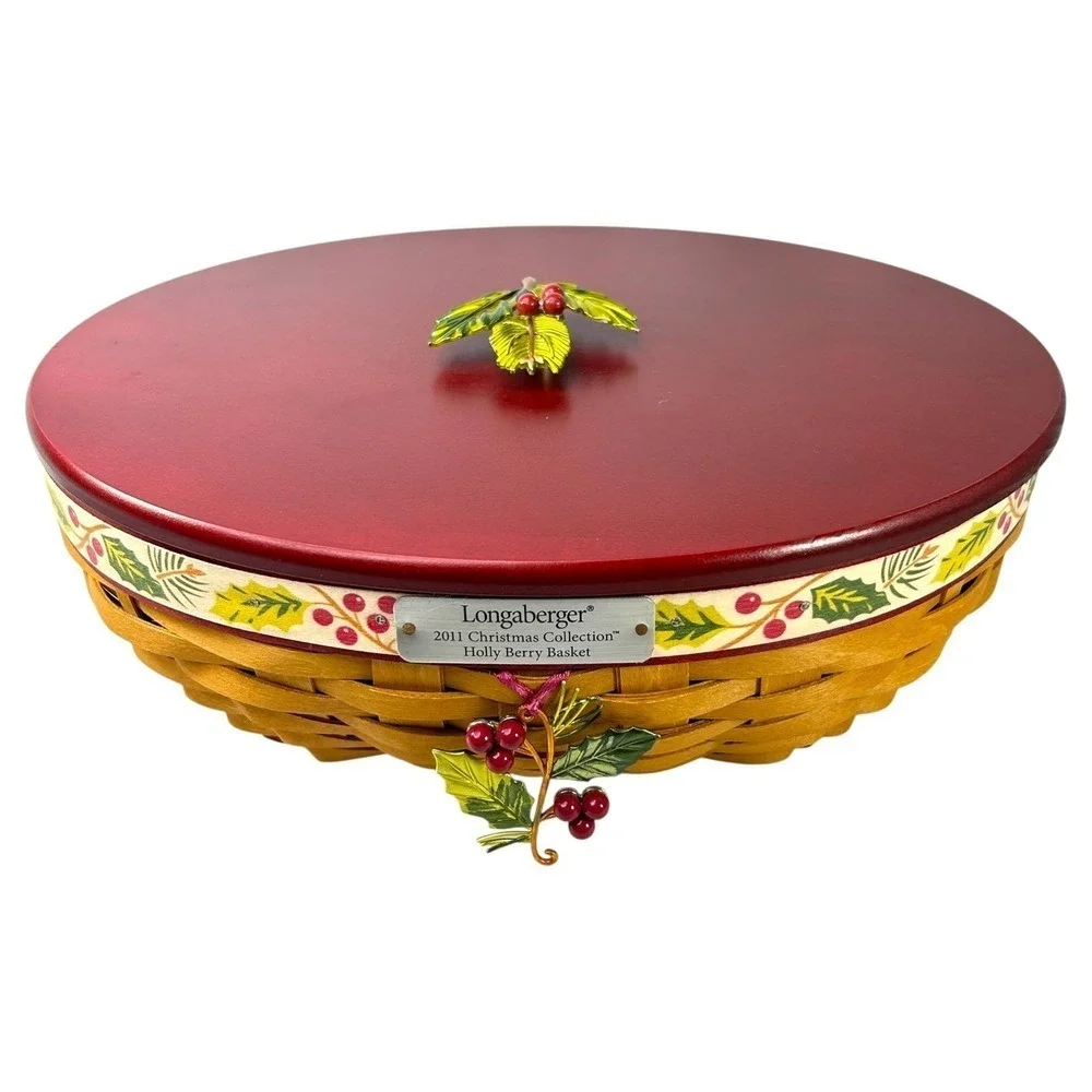 Longaberger Holly Berry Basket 2011 Christmas w/ Lid Liner Protector Tie-on Tags